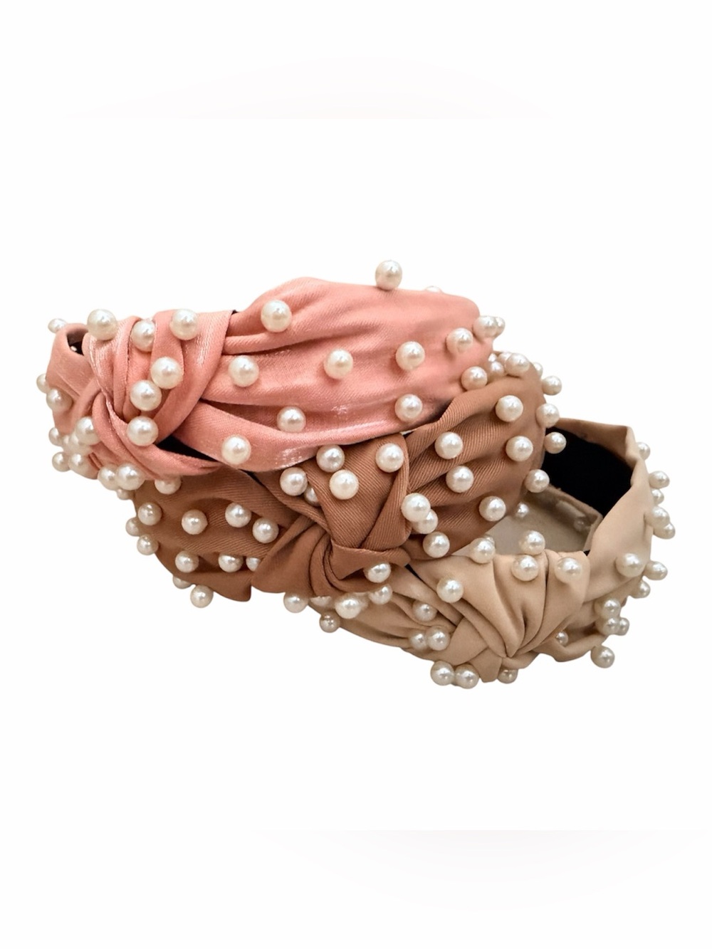 Pearl-Embellished Knotted Headband Trio โ Pink, Brown, Beige